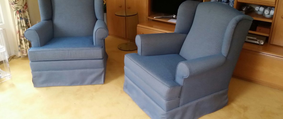 Herstoffering fauteuils met stof van Saum & Viebahn