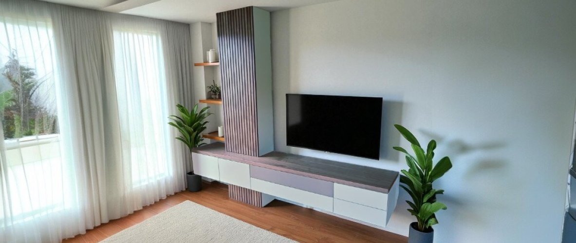TV kast met houten latten en speakerdoek
