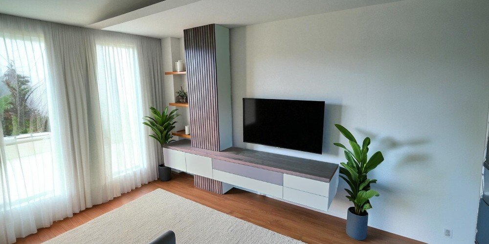 TV kast met houten latten en speakerdoek