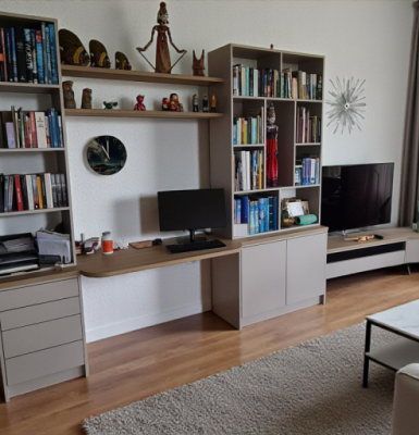 Werkplek, boekenkast en TV meubel in één combinatie meubel.