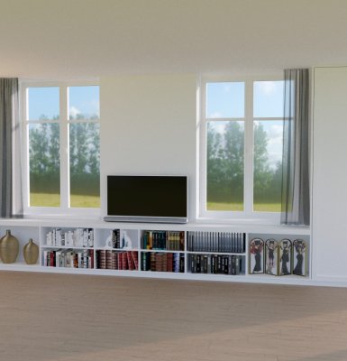 Interieur tekeningen voor uw wandmeubel op maat met vitrine, boeken en TV