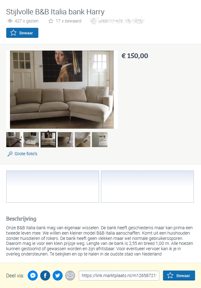 B&B Italia Harry Marktplaats-advertentie