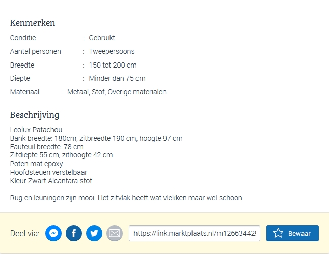Leolux Patachou Marktplaats-advertentie beschrijving